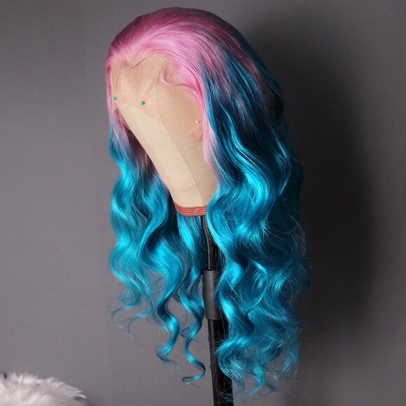 Blue Pink Ombre Lace Front Wig Virgin Human Hair Custom Color Wig - Picture 3 of 7